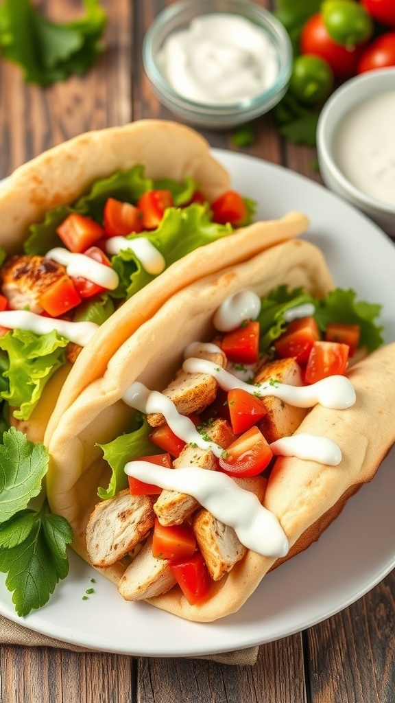 Air fryer chicken gyros with pita, chicken, tomatoes, lettuce, and tzatziki sauce on a rustic table.